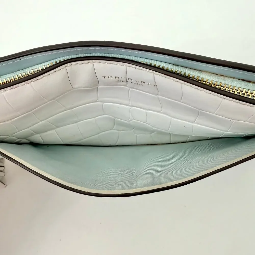Tory Burch Embossed Leather Wallet Clutch White with Blue Floral Accent